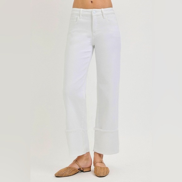 Risen Jeans Denim - Mid-Rise Tummy Control Wide Leg Cuffed Jeans - Risen